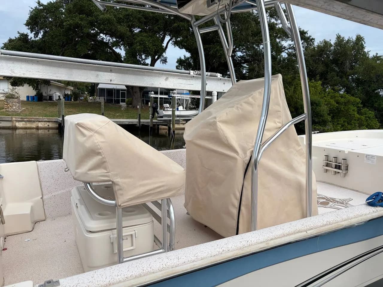 Fitted canvas console cover on a center console boat in North Port, FL