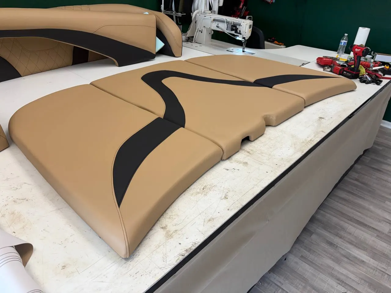 Boat cushions being rebuilt on the bench at the GVO Classic Upholstery shop
